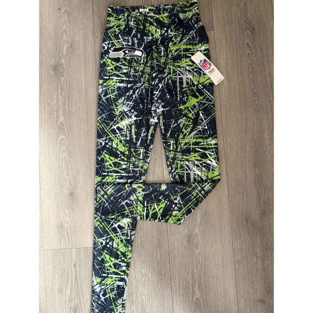 NFL Team Apparel Seattle Seahawks Womens Leggings Navy Green Splatter Print Med